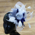 Caprilite Big Royal Blue and White Fascinator Hat Veil Net Hair Clip Ascot Derby Races Wedding Headband Feather Flower